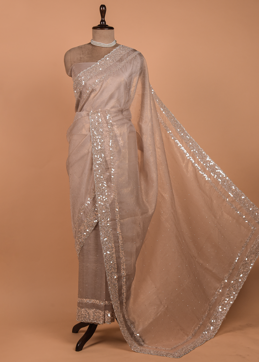 Beige Tissue Georgette Embroidered Saree