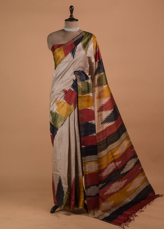 Cream Tussar Printed Saree