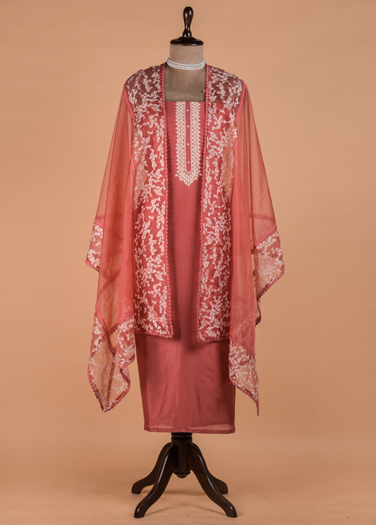 Peach Handwoven Chanderi Dress Material | Greenways Delhi