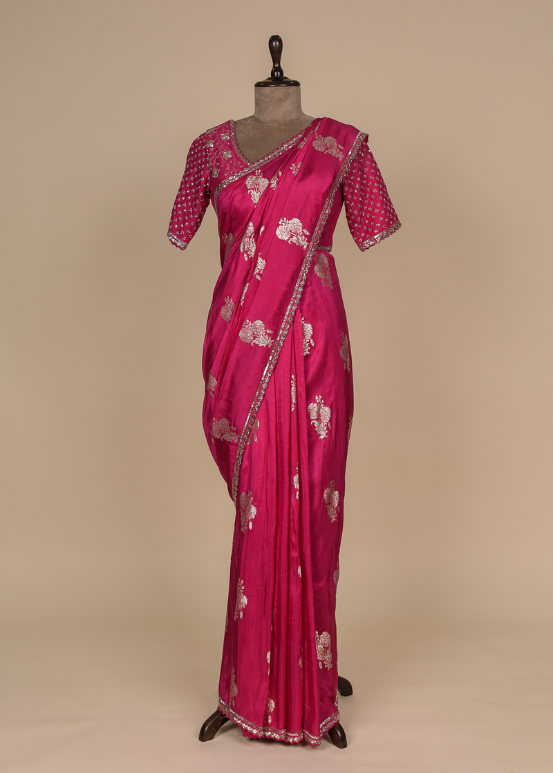 Pink Chinia Silk Embroidered Saree