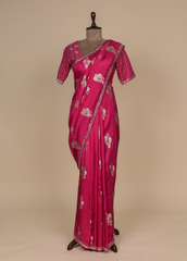 Pink Chinia Silk Embroidered Saree