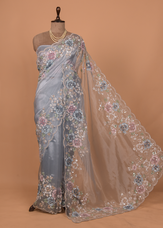 Blue Organza Embroidered Saree