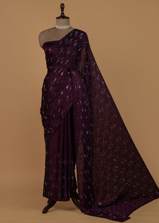 Wine Satin Embroidered Saree