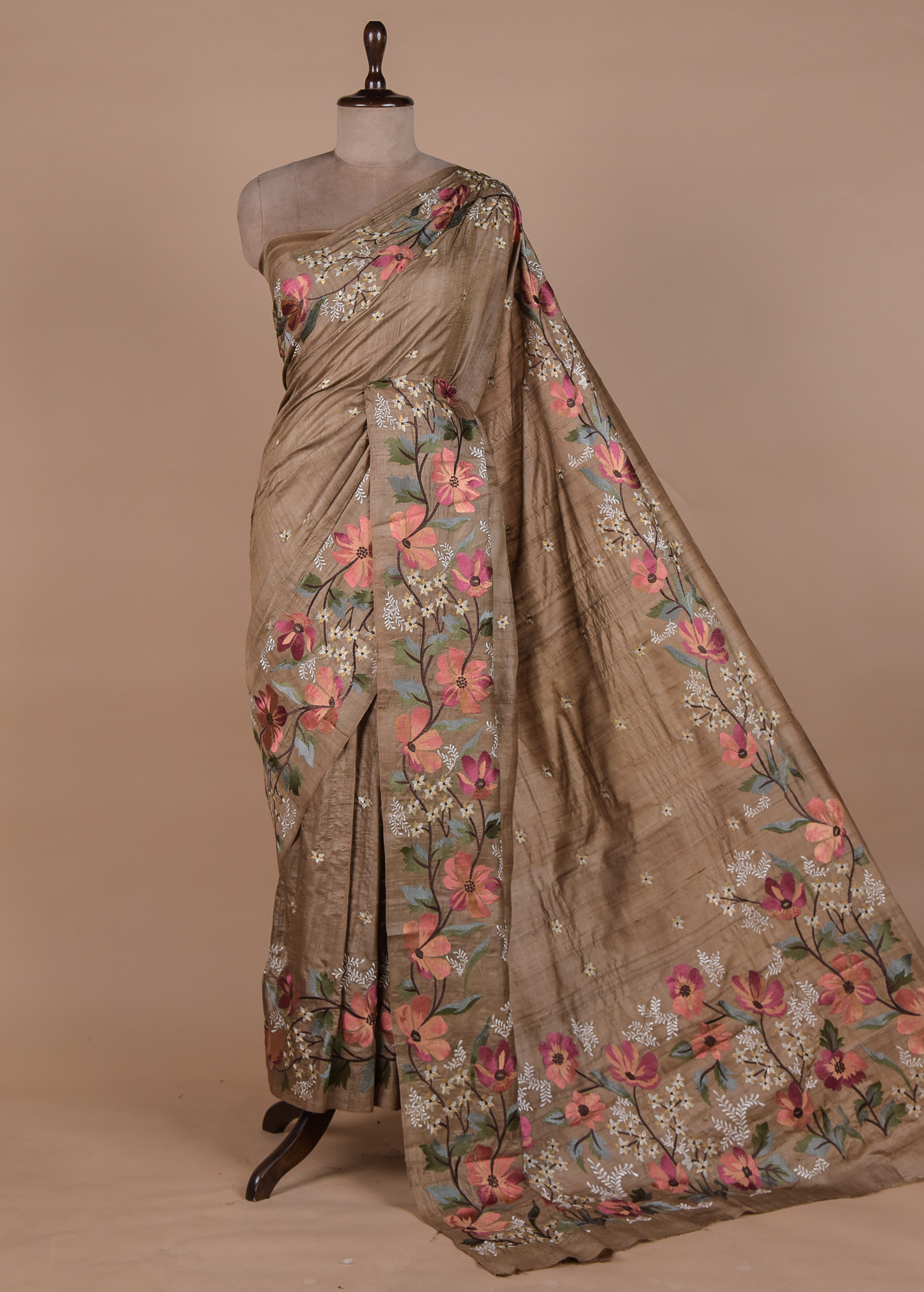 Brown Tussar Embroidered Saree
