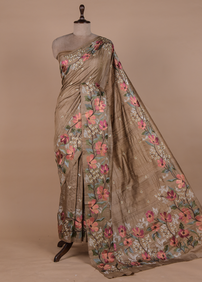 Brown Tussar Embroidered Saree
