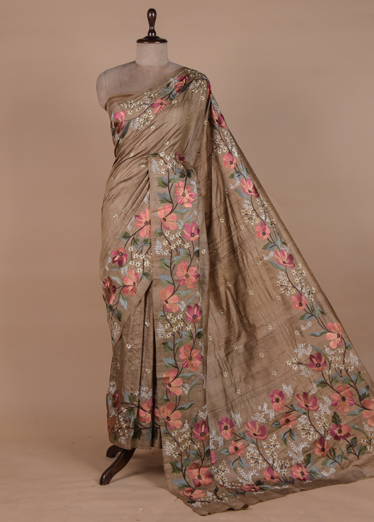 Brown Tussar Embroidered Saree