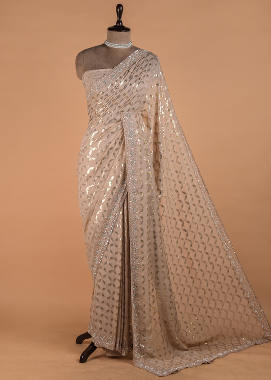 Cream Georgette Embroidered Saree