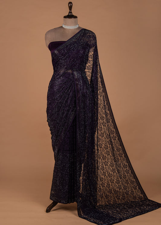 Purple Chantily Lace Embroidered Saree