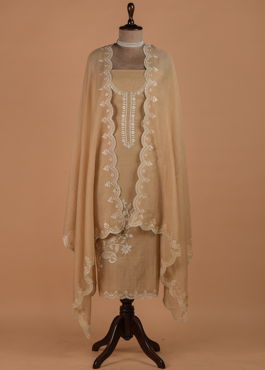 Beige Muslin Chanderi Dress Material