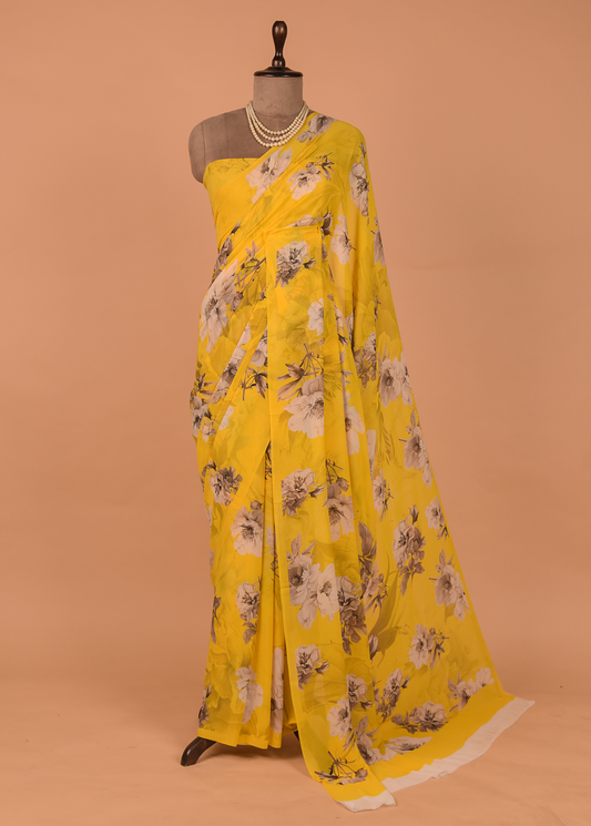 Yellow Georgette Printed Saree