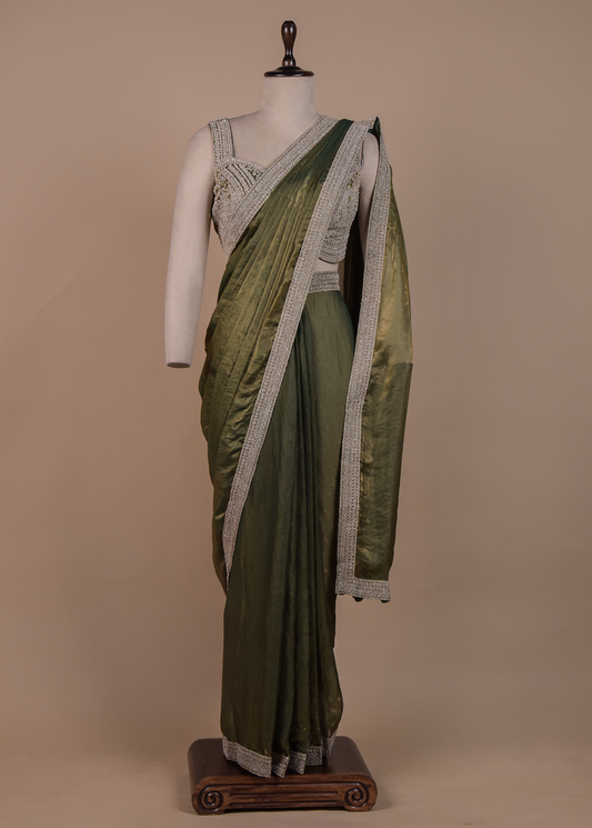 Green Tissue Georgette Readymade Saree