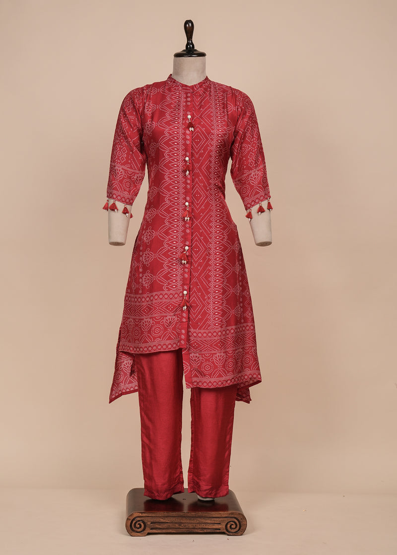 Red Muslin Crepe Kurti Set