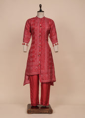 Red Muslin Crepe Kurti Set