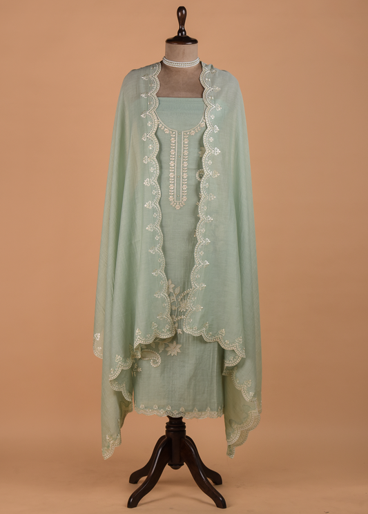 Blue Muslin Chanderi Dress Material