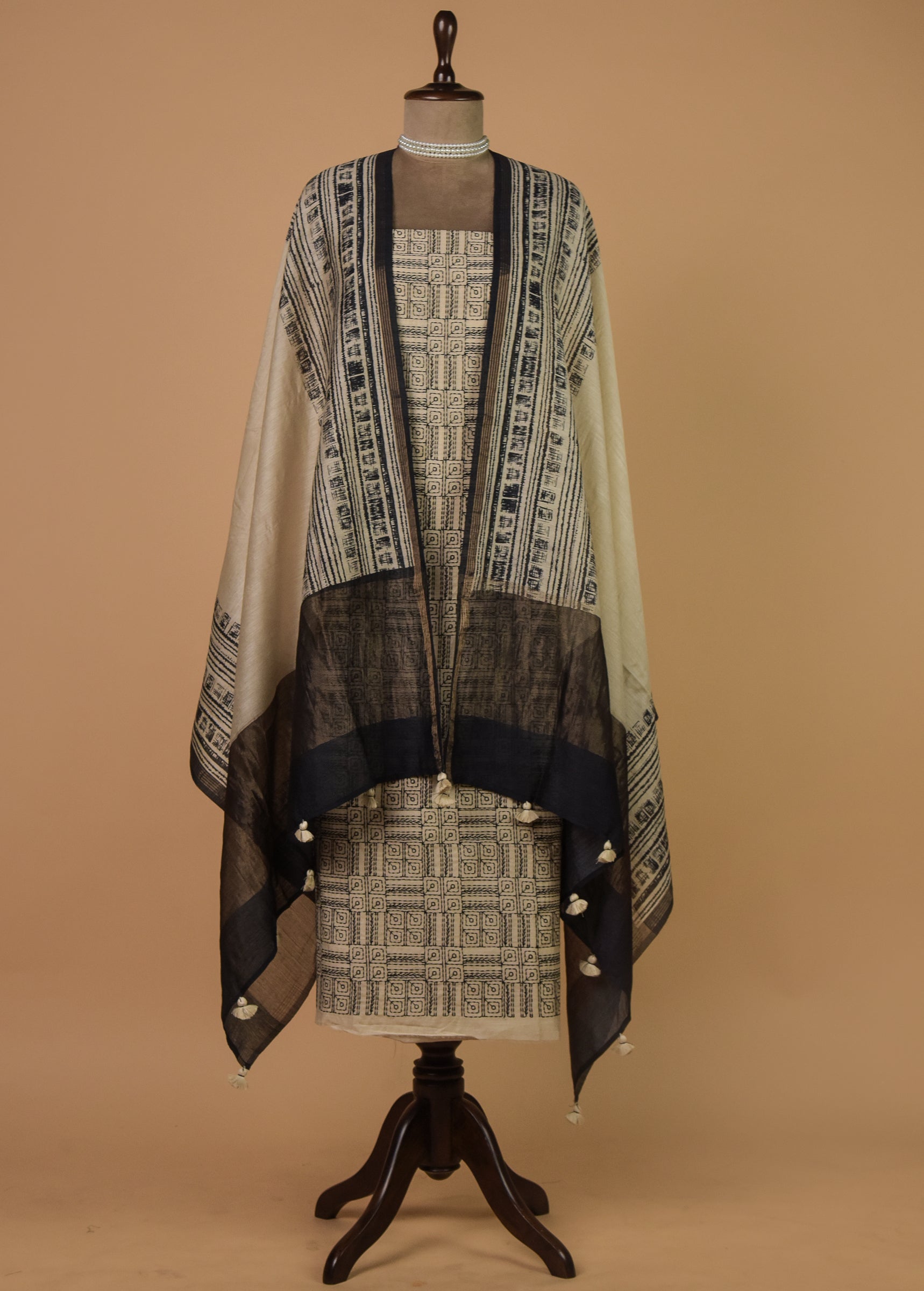 Cream Munga Tussar Dress Material