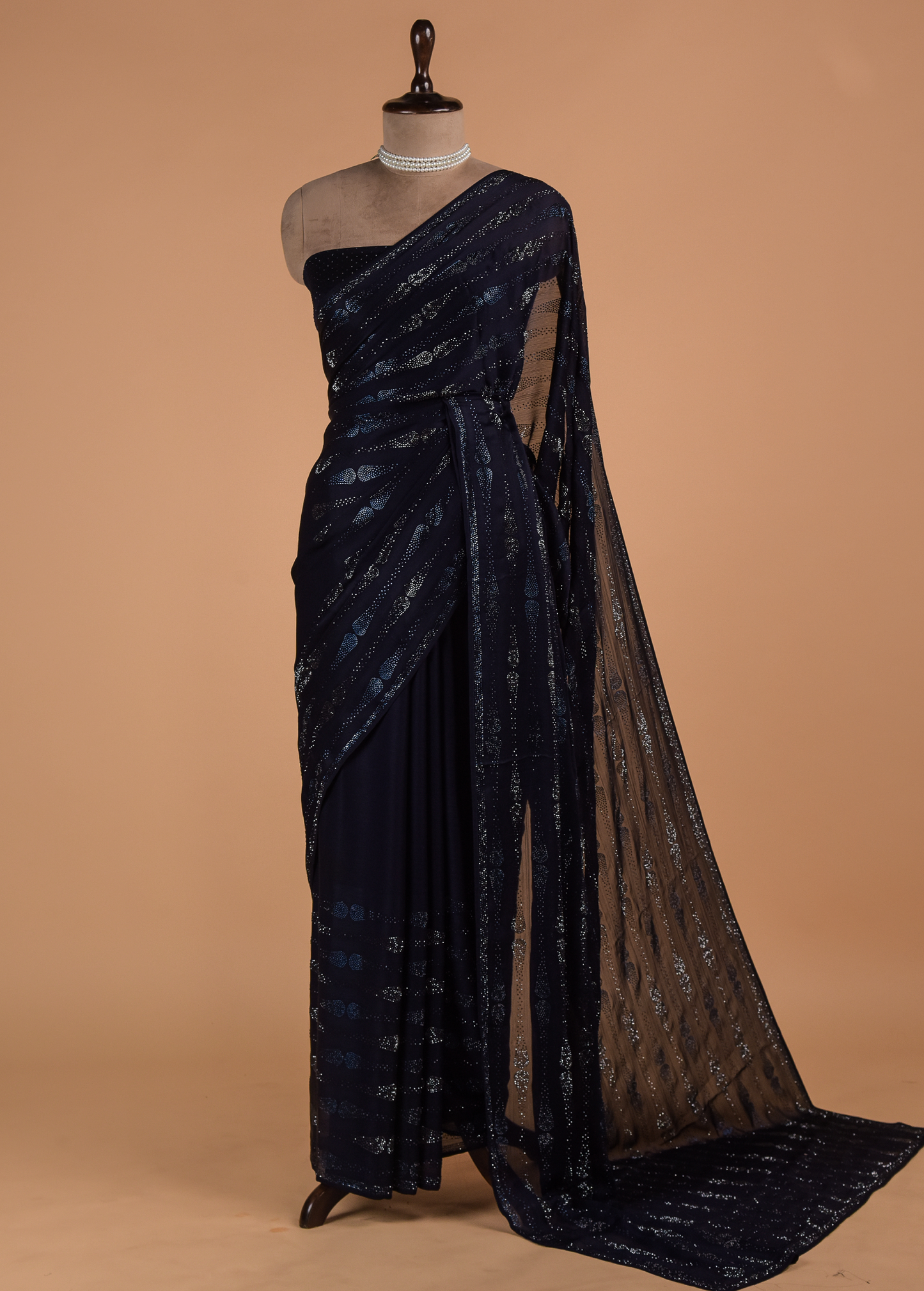 Blue Chinon Crepe Embroidered Saree