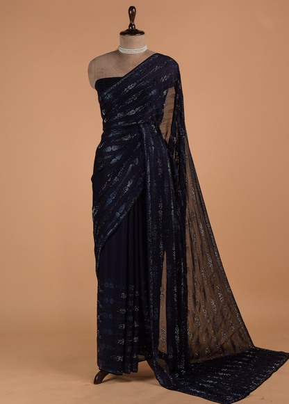 Blue Chinon Crepe Embroidered Saree