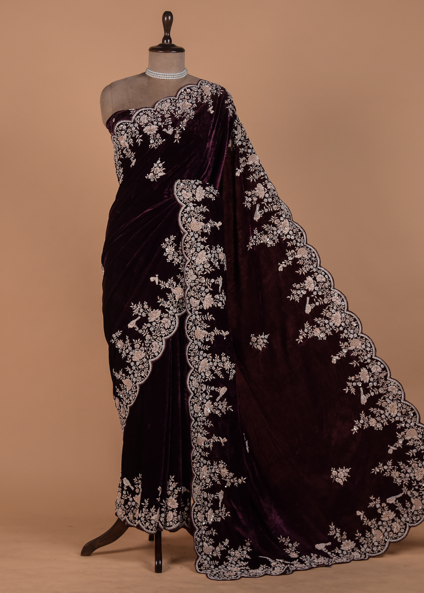 Red Velvet Embroidered Saree