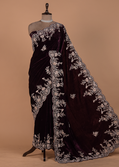 Red Velvet Embroidered Saree