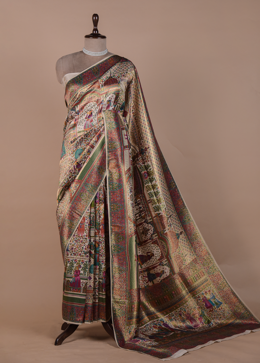 Cream Silk Embroidered Saree