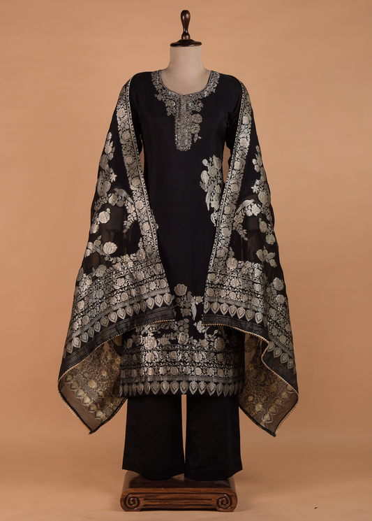 Black Crepe Silk Saree | Greenways Delhi