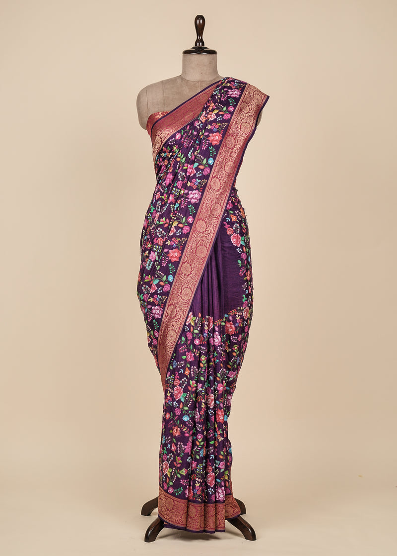 Purple Crepe Silk Embroidered Saree