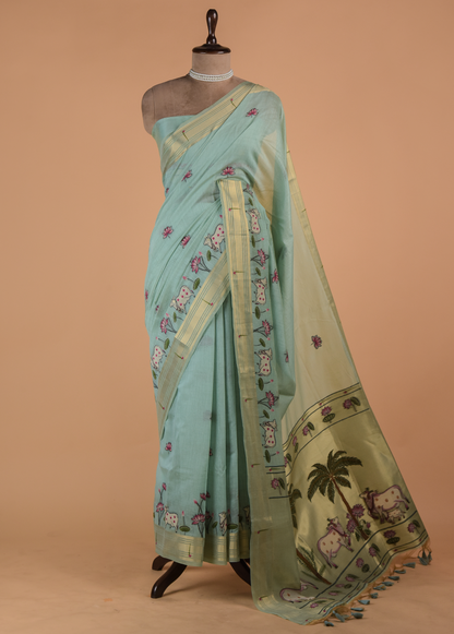 Blue Cotton Banarasi Saree