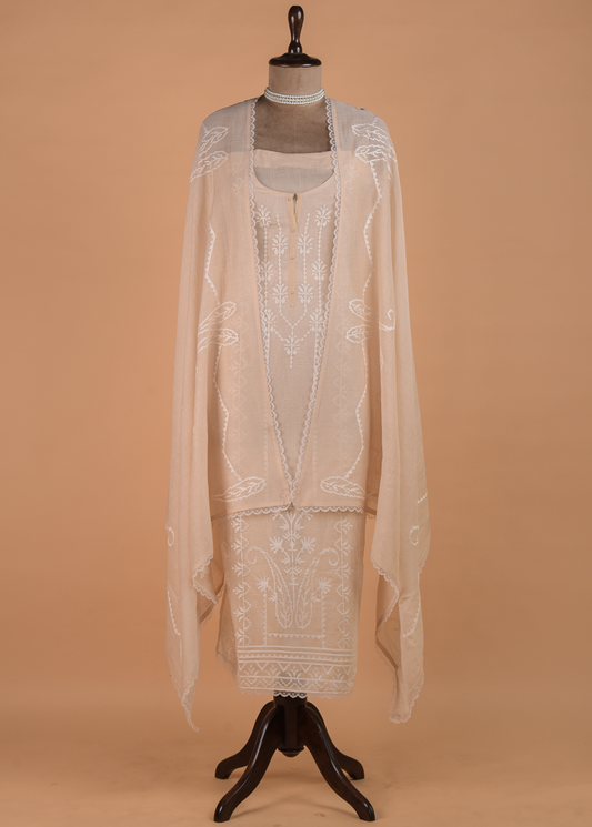 Beige Muslin Chanderi Dress Material