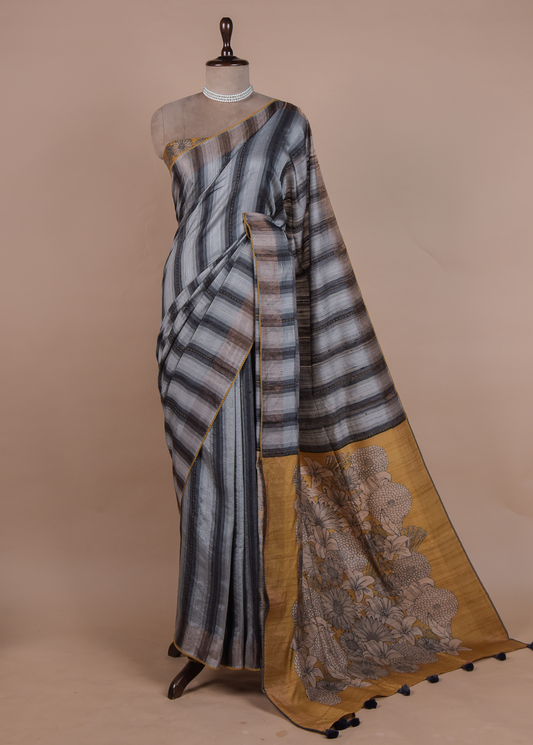 Multicoloured Tussar Printed Saree