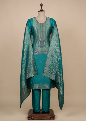 Blue Cotton Silk Straight Set