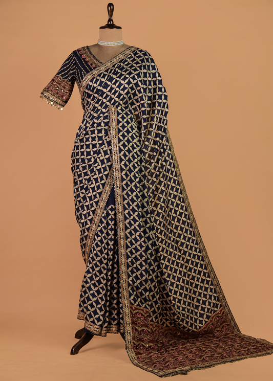 Blue Hand Embroidered Crepe Silk Saree | Greenways Delhi