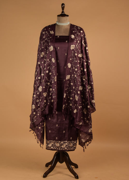 Wine Tussar Dress Material