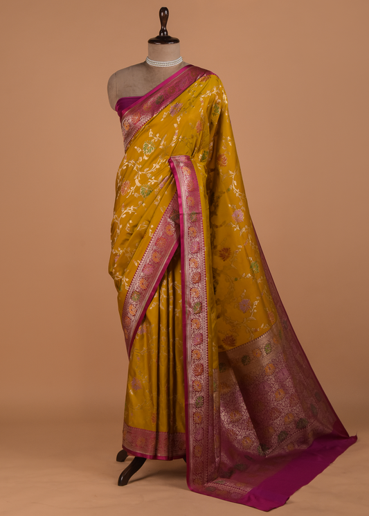 Yellow Mushroo Silk Banarasi Saree