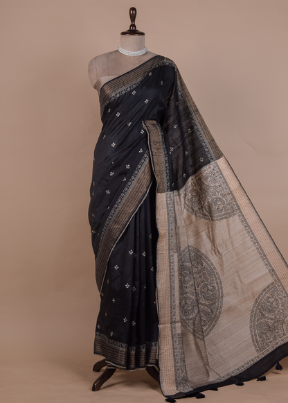Black Handloom Tussar Embroidered Saree