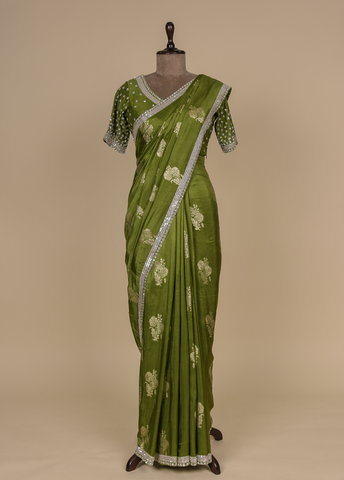 Green Chinia Silk Embroidered Saree
