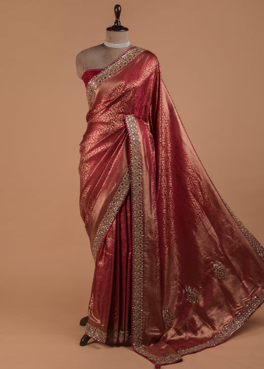 Red Crepe Silk Embroidered Saree