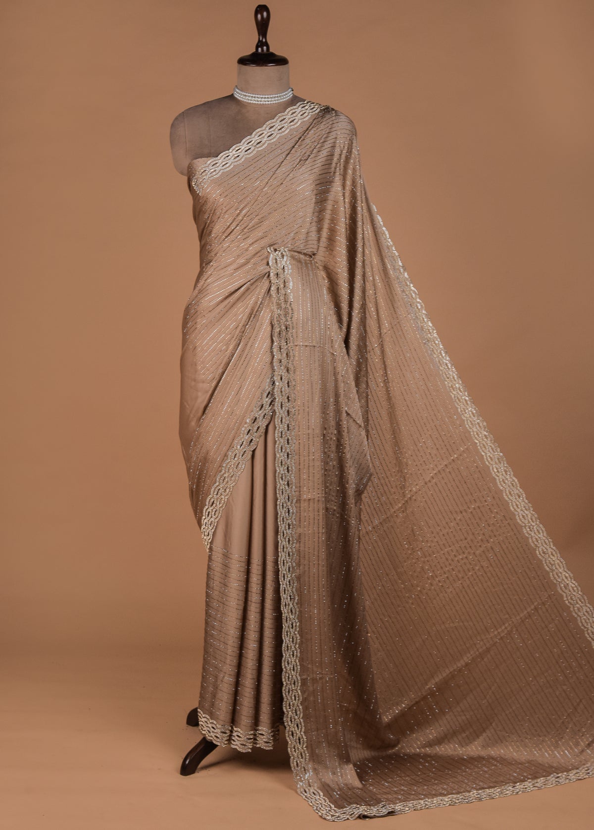 Beige Satin Embroidered Saree