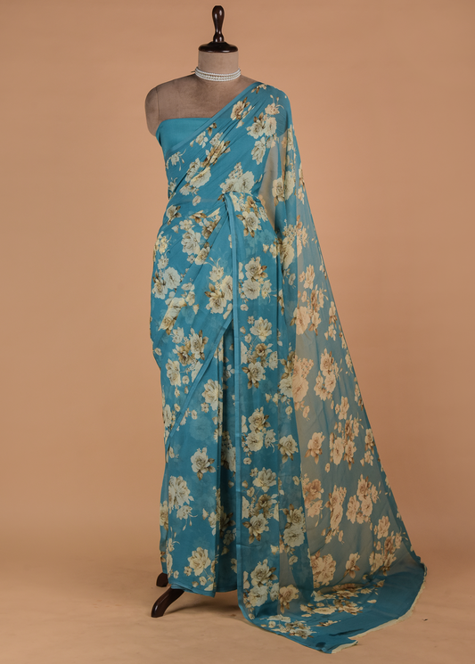 Blue Chiffon Printed Saree