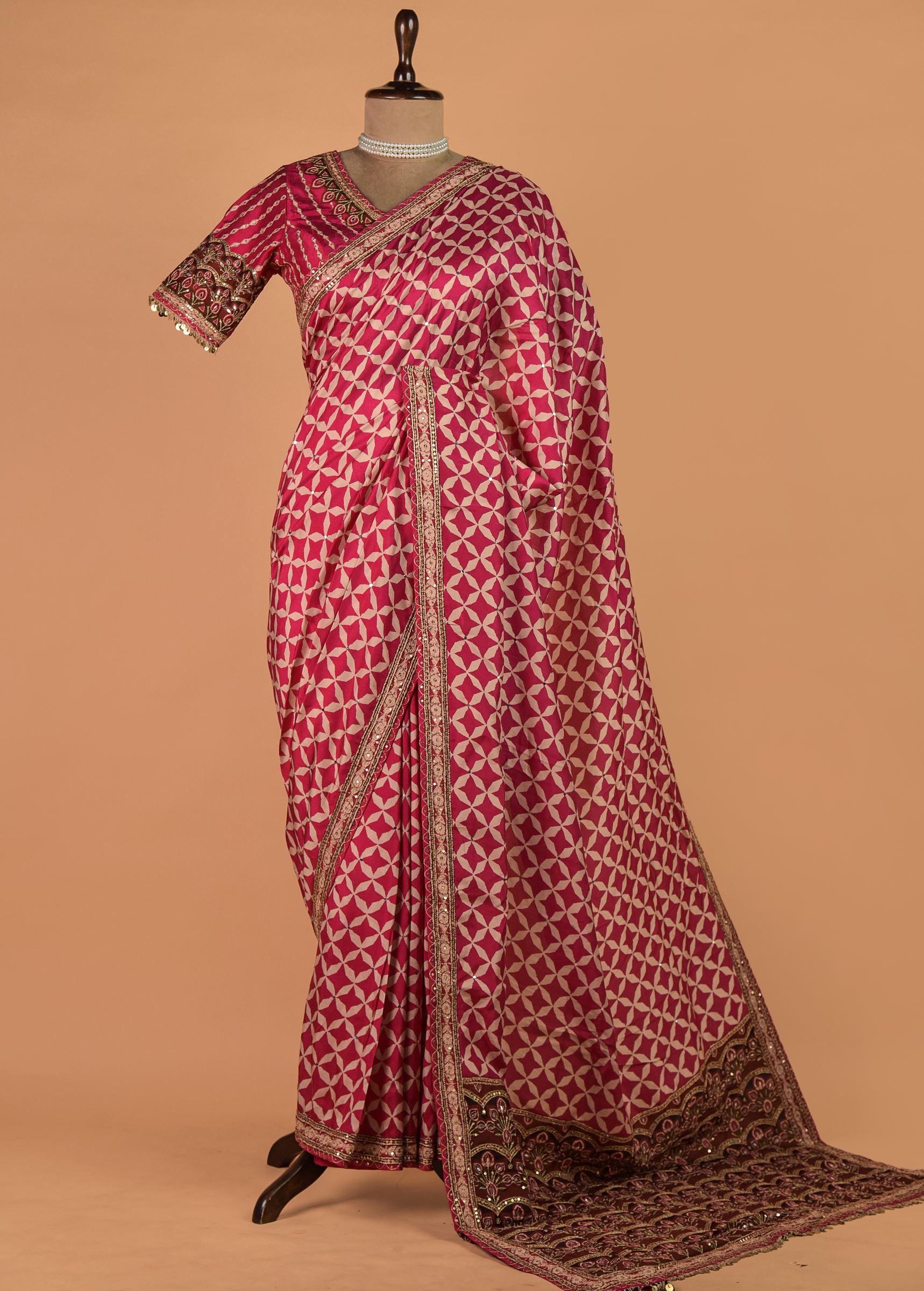 Pink Hand Embroidered Crepe Silk Saree | Greenways Delhi