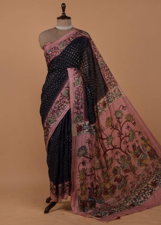 Black Tussar Printed Saree