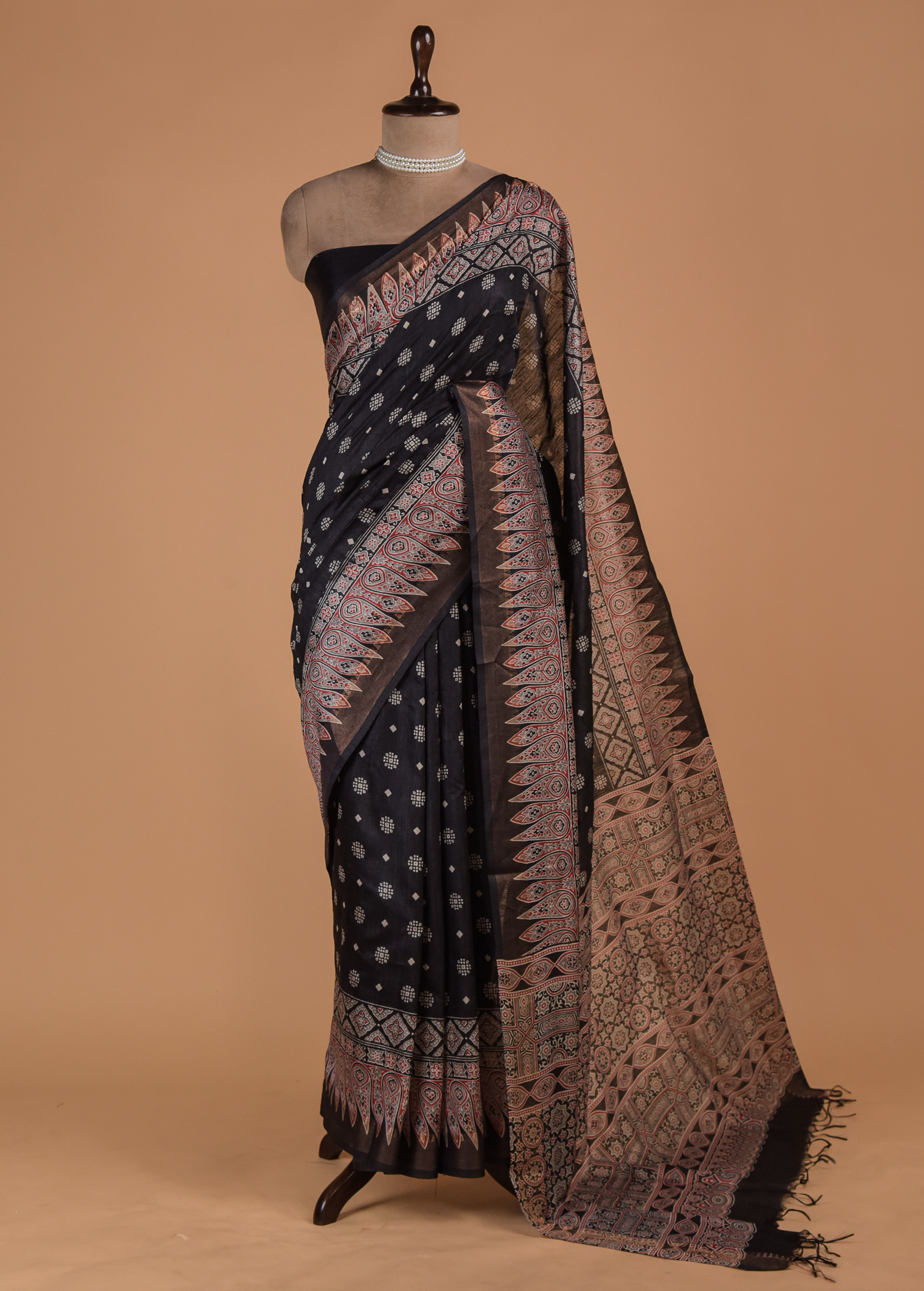 Black Printed Tussar Silk Saree | Greenways Delhi
