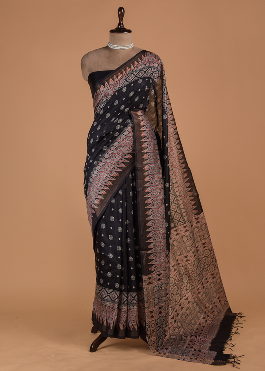 Black Cotton Tussar Printed Saree