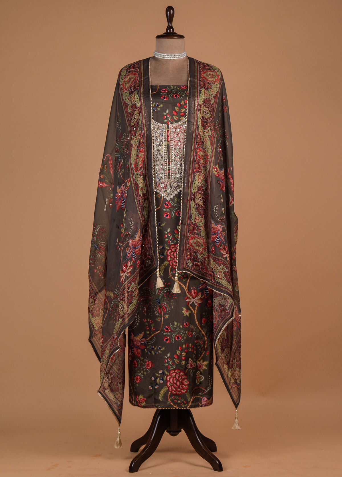 Grey Crepe Dress Material