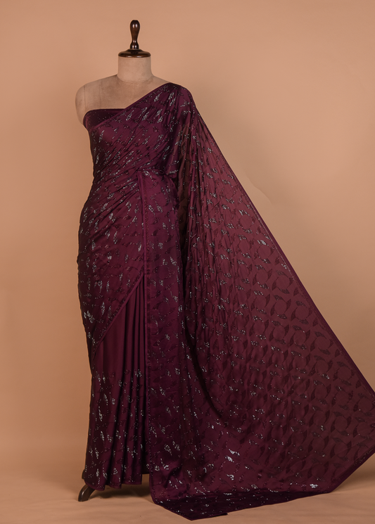 Wine Satin Embroidered Saree