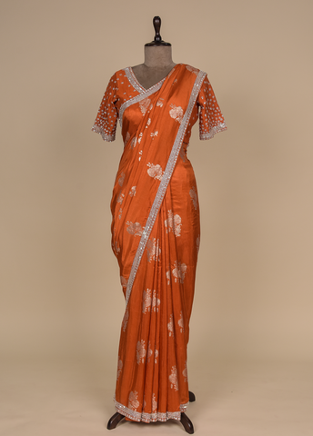 Orange Chinia Silk Embroidered Saree