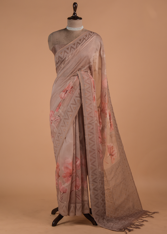 Beige Cotton Printed Saree
