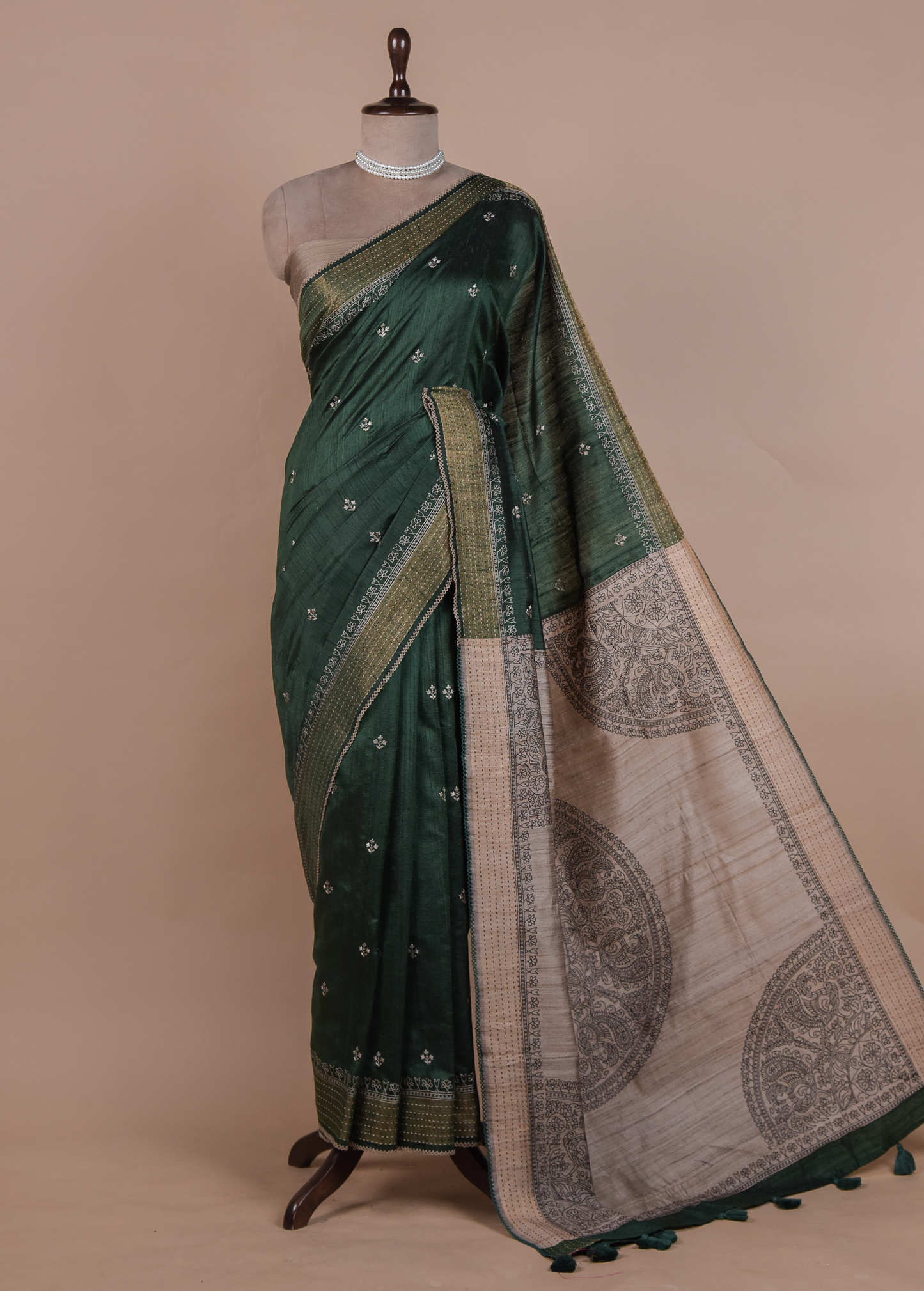 Green Handloom Tussar Embroidered Saree