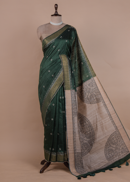 Green Handloom Tussar Embroidered Saree