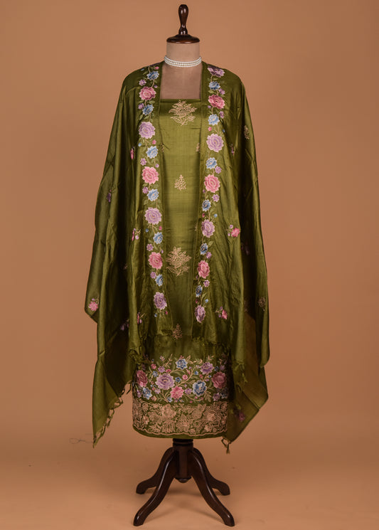 Green Tussar Dress Material