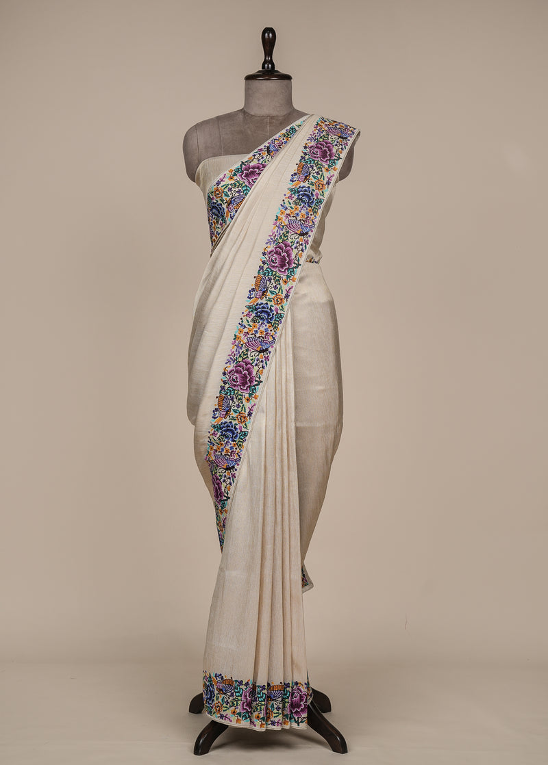 Cream Crepe Silk Embroidered Saree